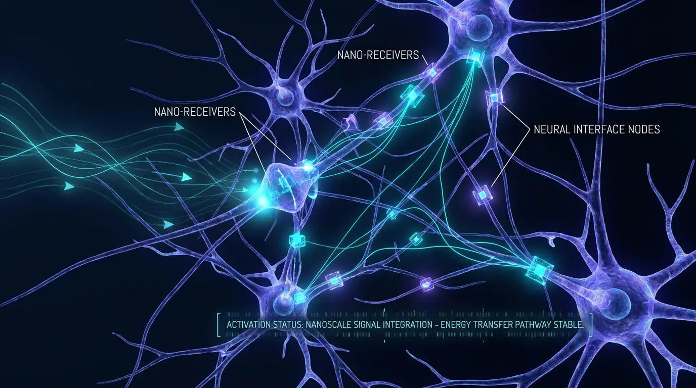 Conceptual illustration of nanoscale neural receivers distributed in brain tissue, being activated by external electromagnetic signals