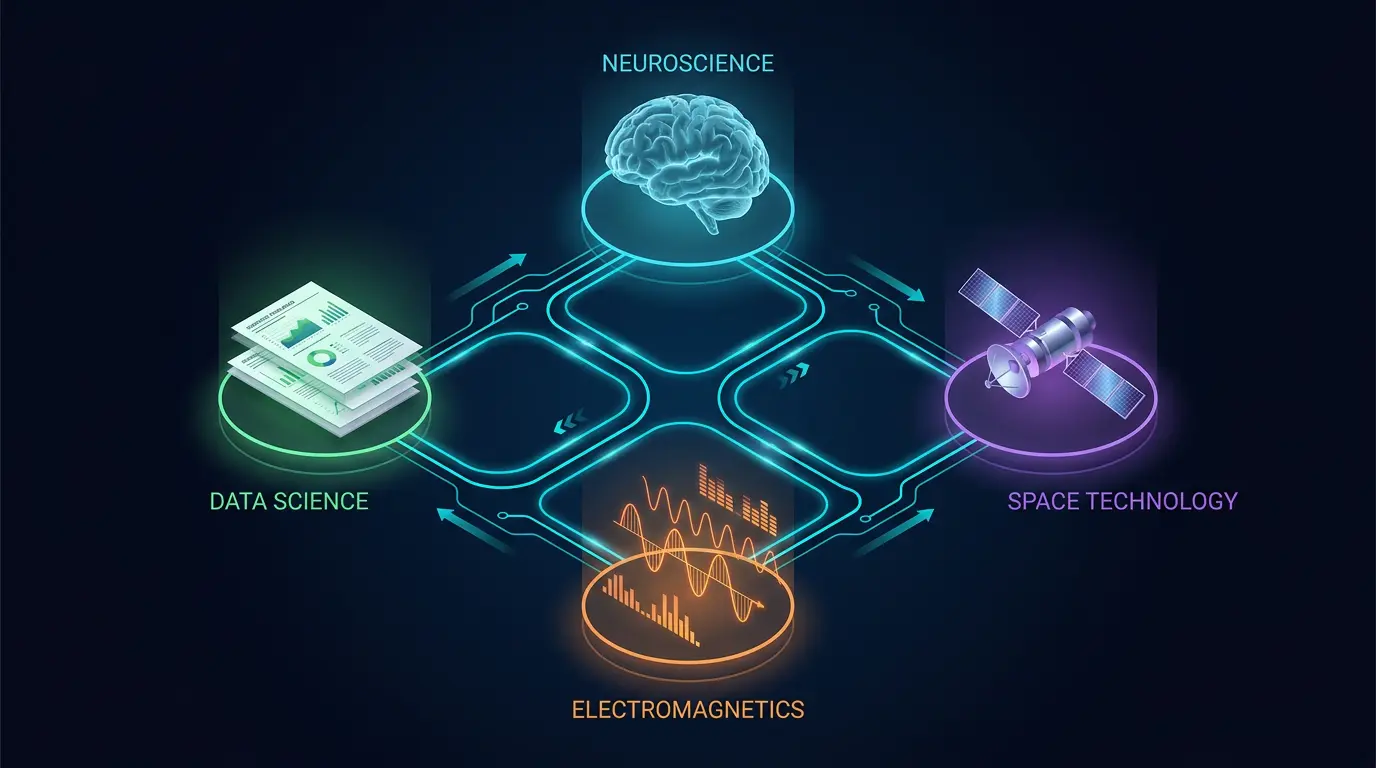 Network diagram showing interconnected research domains: brain, satellite, electromagnetic waves, and research papers