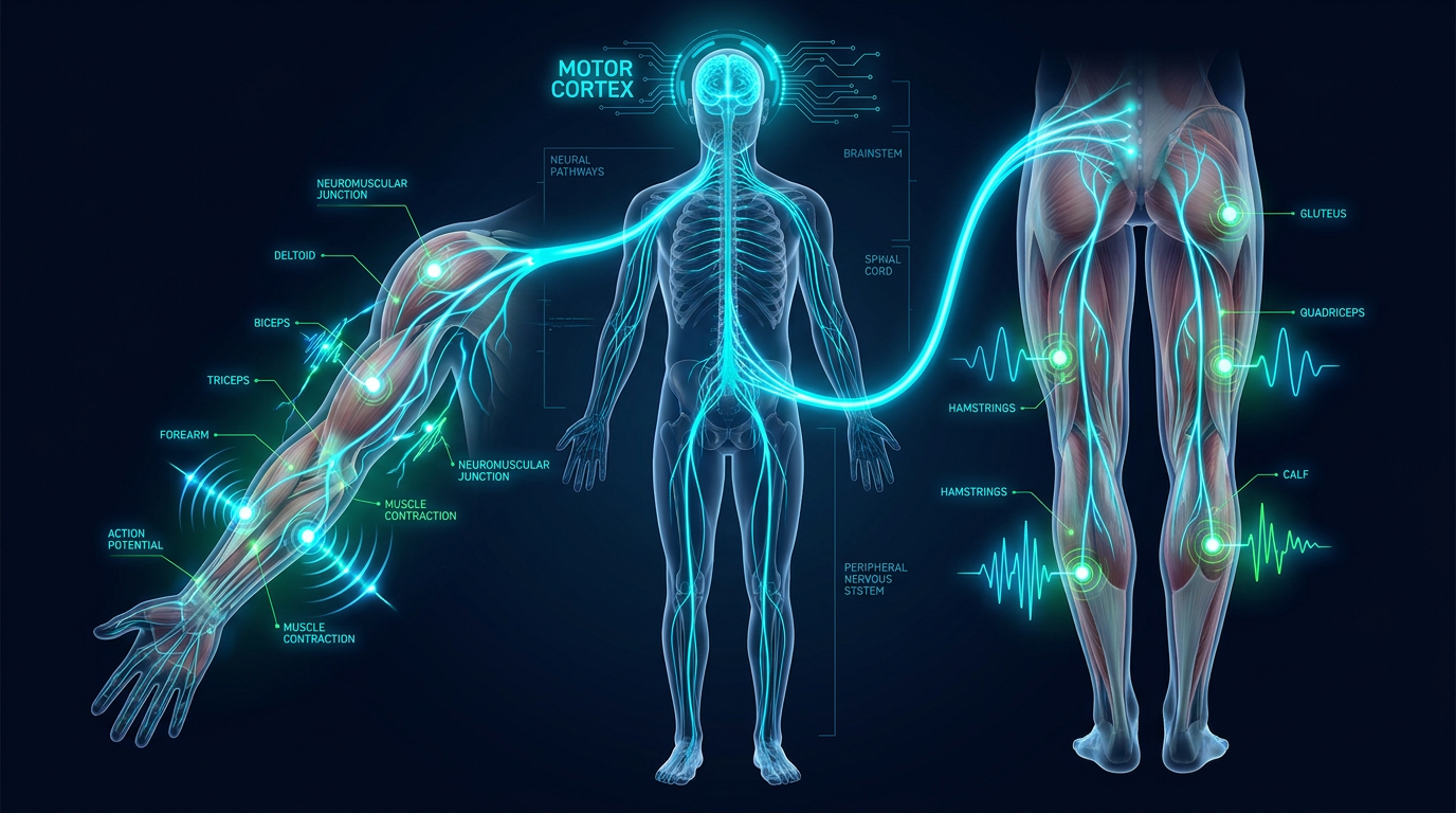 Neural pathways from motor cortex through spinal cord to skeletal muscles