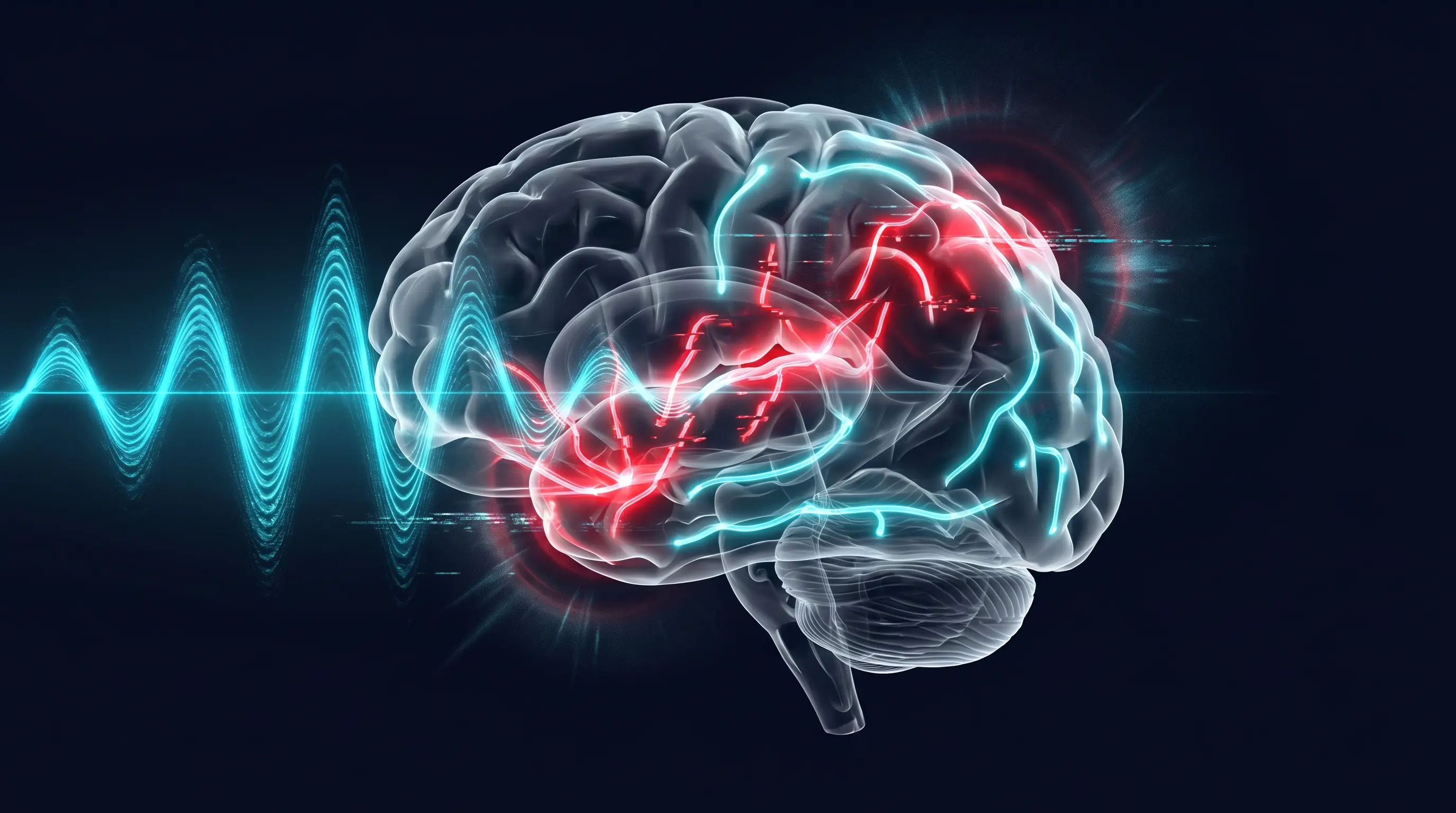 Conceptual illustration showing electromagnetic waves disrupting neural pathways in the brain, with some pathways shown as blocked while others remain active