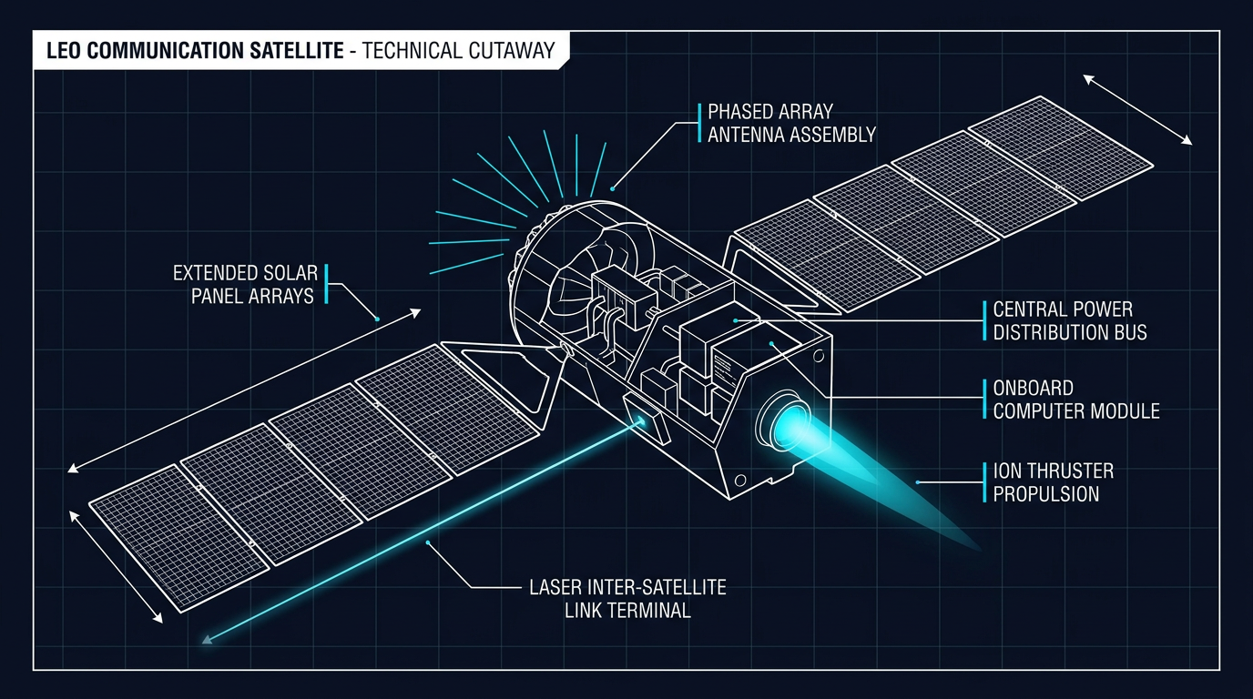 Technical cutaway illustration of a LEO satellite showing internal components: antenna array, solar panels, SSPA amplifier, processor, laser inter-satellite link, and ion thruster