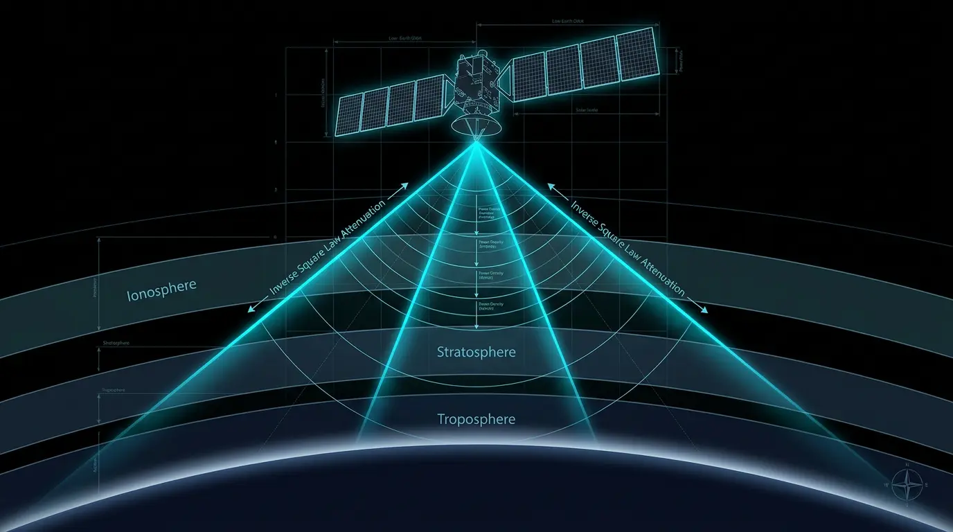 Scientific diagram of a LEO satellite beaming signals through Earth's atmosphere, showing signal wavefronts spreading due to inverse square law