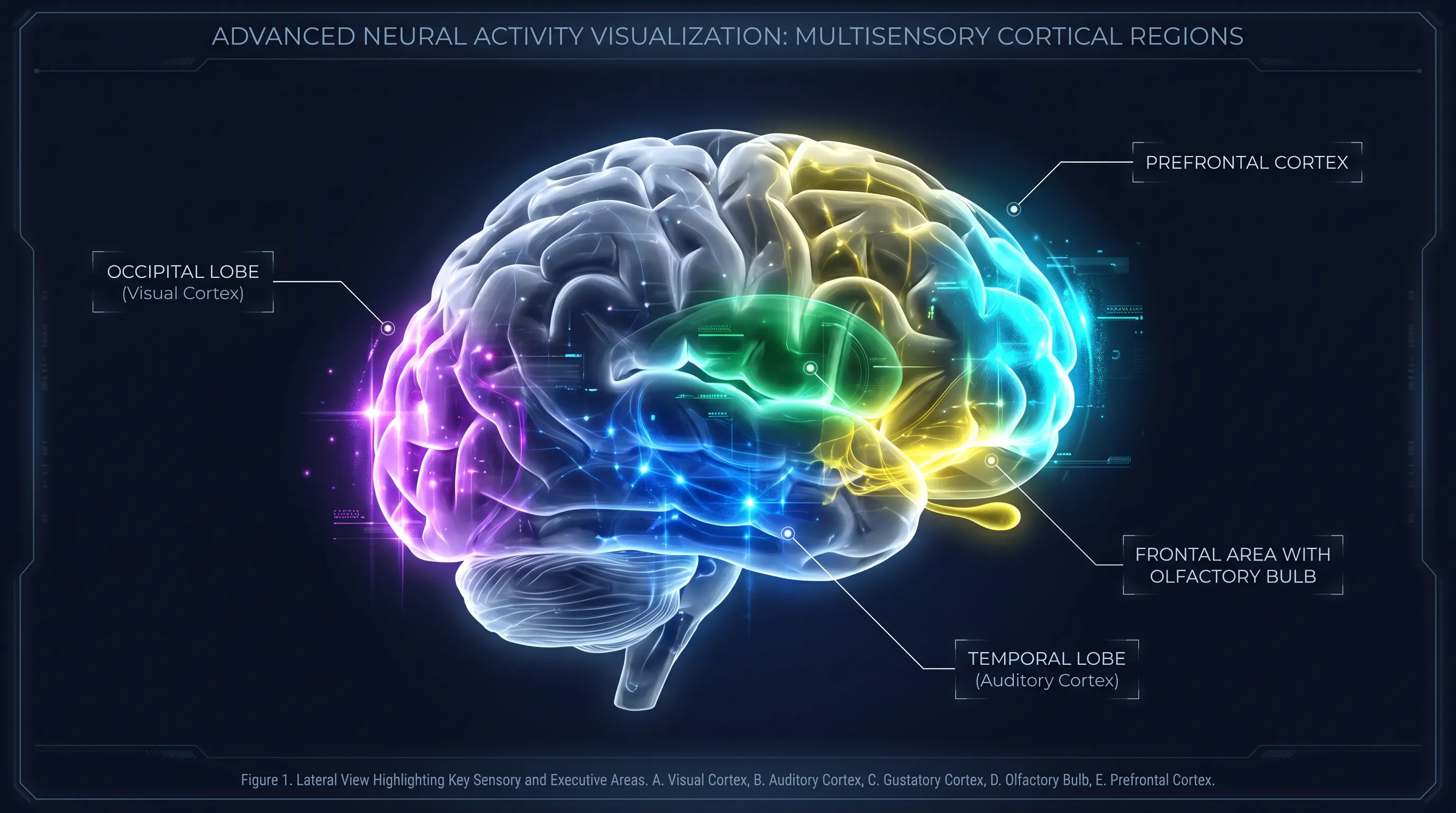 Scientific illustration of a human brain showing highlighted regions for each sensory function: visual cortex, auditory cortex, gustatory cortex, olfactory bulb, and prefrontal cortex