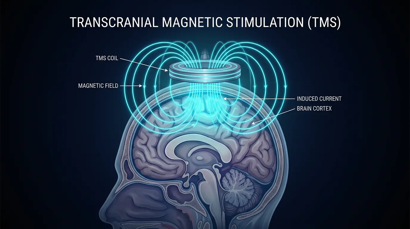 TMS coil positioned over the motor cortex during brain stimulation